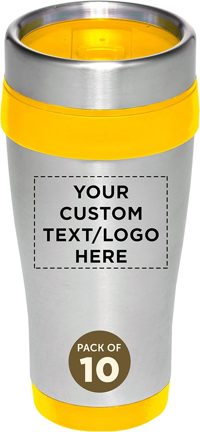 Custom Insulated Stainless Steel Travel Mugs 16 oz. Set of 10, Personalized Bulk Pack - Perfect for Coffee, Soda, Other Hot & Cold Beverages - Yellow