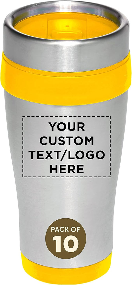 Custom Insulated Stainless Steel Travel Mugs 16 oz. Set of 10, Personalized Bulk Pack - Perfect for Coffee, Soda, Other Hot & Cold Beverages - Yellow