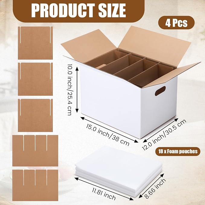 MotiMind 4 Sets Dish Moving Boxes with Divider Kits 15 x 12 x 10 Inches Dish Packing Box Kitchen Moving Boxes with 18 Foam Pouches for Dishes China Packing Supplies - Image 2