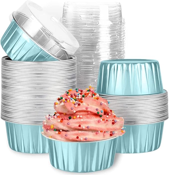 Mini Aluminum Foil Cupcake Baking Cups with Lids (40pcs, 5oz) Round Cupcake Foil Liners Tart Pie Tin Pan Holder - Disposable Mini Cake Containers Flan Molds for Pudding, Souffle, Party, Wedding by Findful