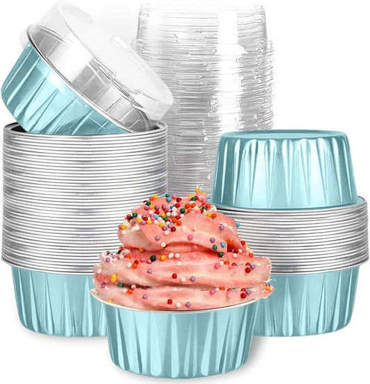 Mini Aluminum Foil Cupcake Baking Cups with Lids (40pcs, 5oz) Round Cupcake Foil Liners Tart Pie Tin Pan Holder - Disposable Mini Cake Containers Flan Molds for Pudding, Souffle, Party, Wedding by Findful