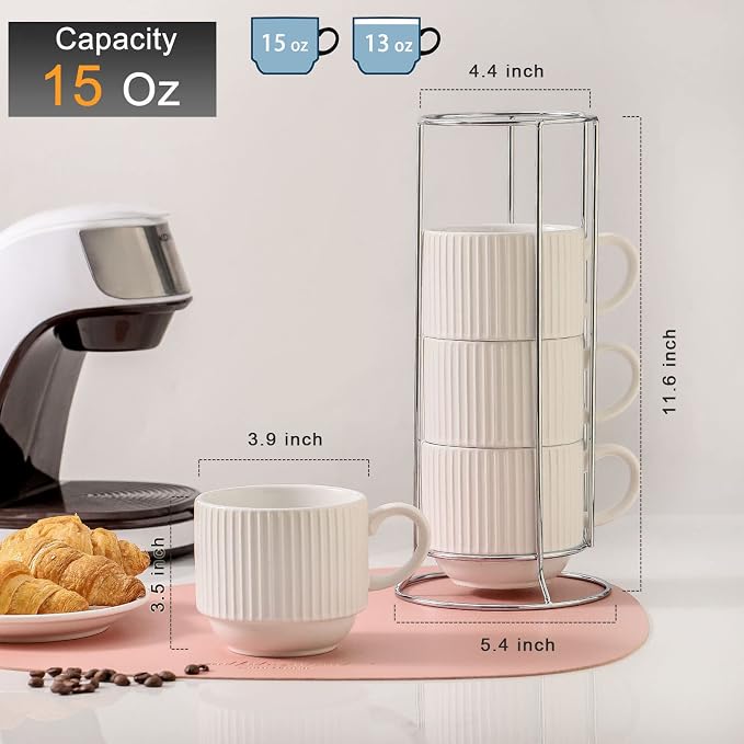 HASENSE 15 oz Ribbed Stackable Coffee Mug Set of 4, Porcelain Latte Cups with Metal Rack, Dishwasher & Microwave Safe, Cappuccino Tea Hot Cocoa, White - Image 3