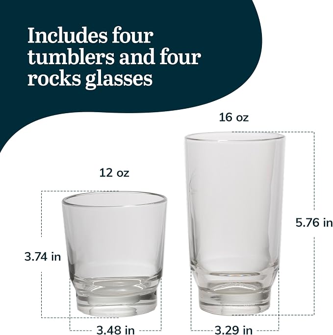 Libbey Merida Mixed Drinkware Set of 8, Merida Cooler Glass Tumblers and Double Old Fashioned Rocks Glass Set, Dishwasher Safe Glassware Drinking Glasses Set - Image 3