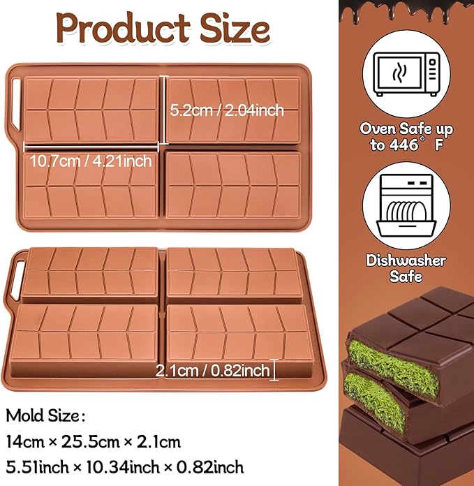 Chocolate Bar Molds Silicone Non Stick 0.82inch Deep,2 Pack Large Dubai Stuffed Bar Mold for Making Filling Thick Chocolate Pistachio Candy Snacks Granola Bar