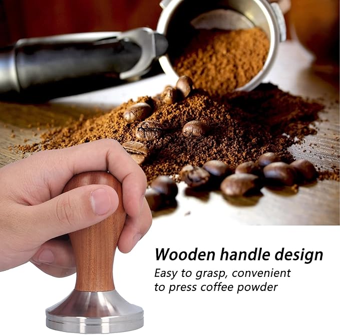 58mm Coffee Tamper, Stainless Steel Coffee Press Tool with Tamper Mat, Coffe Tamping Base with Wooden Handle for Espresso Machine Home Office Cafe