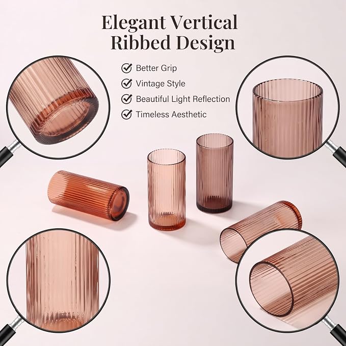 Physkoa 6 Piece 16oz Brown Ribbed Glassware Set | Vintage Drinking Glasses in Ochre,Umber,Espresso–Highball Tumbler Cups–Aesthetic Colored Glasses - Image 2
