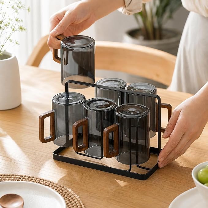 Borosilicate Glassware Set - Heat Resistant Drinking Glasses Set for Hot and Cold - for Home Use, Smoky gray wooden handle cups (460ML)*6 + cup holder - Image 2