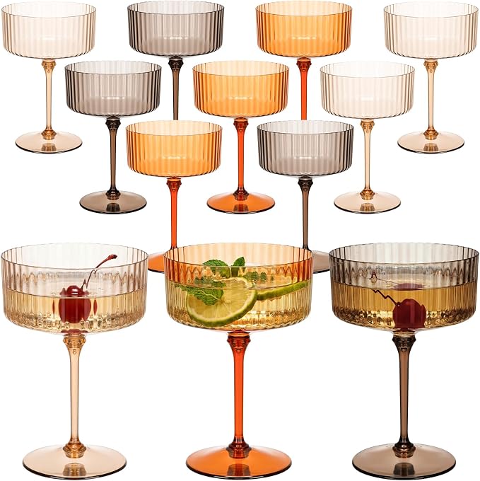 Jingmore 12 Pcs Ribbed Martini Glasses 10 oz Disposable Plastic Vintage Ribbed Coupe Glasses Unbreakable Dessert Parfait Glassware for Wedding Birthday Party Supplies (Thanksgiving Colors) by Jingmore
