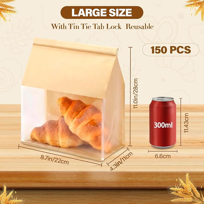 150 Pack Kraft Paper Bakery Bags with Window, 4.3x8.7x11 Inches Tin Tie Tab Lock Resealable Bread Bags for Homemade Bread, Loaf, Pastry, and Food Storage - Image 2