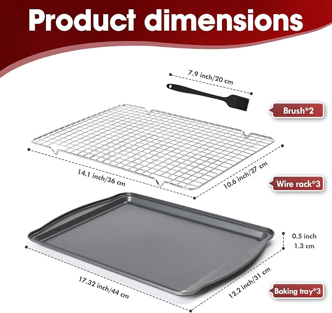 ShineMe Baking Sheet Pan with Cooling Rack 3 Pack, Nonstick Sheet Pan with Wire Rack and Silicone Pastry Brush, Carbon Steel Baking Pans for Cookie, Bacon and Vegetables 17x12x0.5in - Image 2