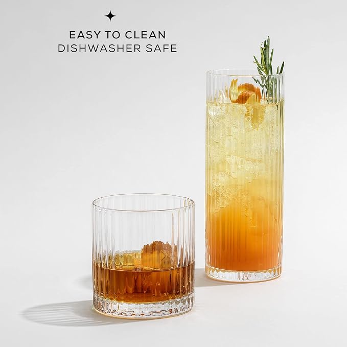 JoyJolt Elle 16oz Fluted Highball Glasses Set of 2, Ribbed Tall Cocktail Tumblers for Gin Juice Water, Vintage Style Drinking Glasses - Image 5