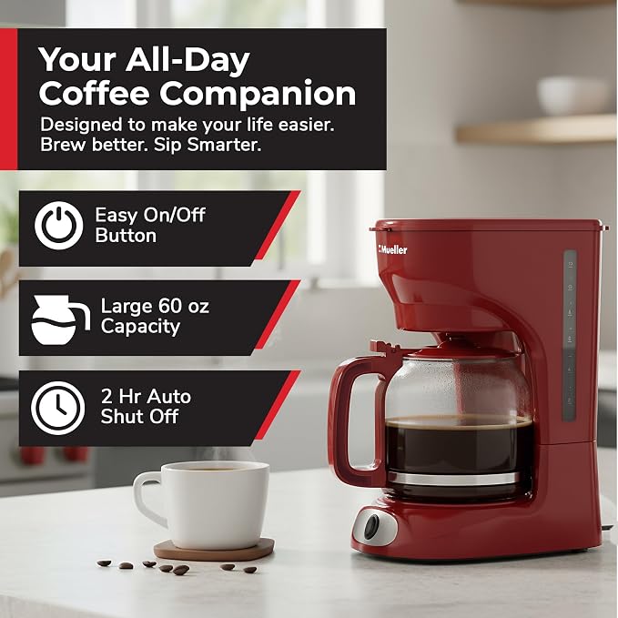 MUELLER HOME 12-Cup Red Coffee Maker | Borosilicate Carafe, Auto-Off, Reusable Filter, Anti-Drip, Keep-Warm Function - Image 2