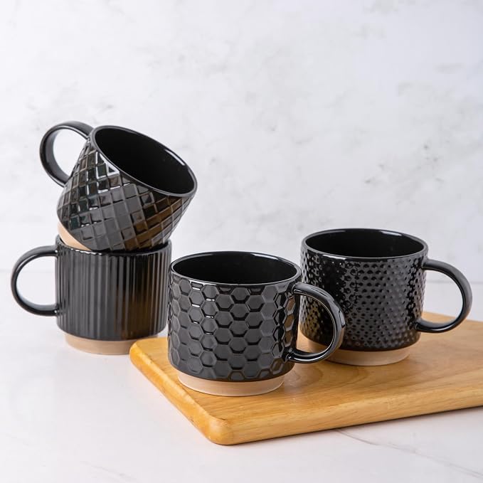 GBhome 15 OZ Stackable Coffee Mugs Set of 4, Ceramic Coffee Cups Set | 4 Assorted Designs, Embossed Mugs with Texture Patterns for Tea/Coffee, Dishwasher&Microwave Safe, BLACK by GBhome