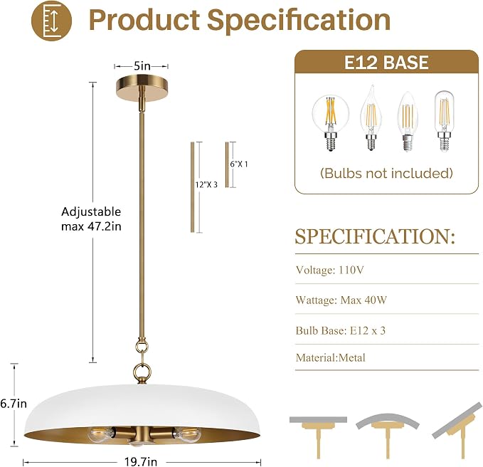 LamQee 20 Inch Oversized Large Pendant Lights, 3-Lights White and Gold Dome Chandelier, Mid Century Modern Metal Pendant Lighting Fixture Ceiling Hanging for Kitchen Island Dining Room Over Table Bar - Image 6