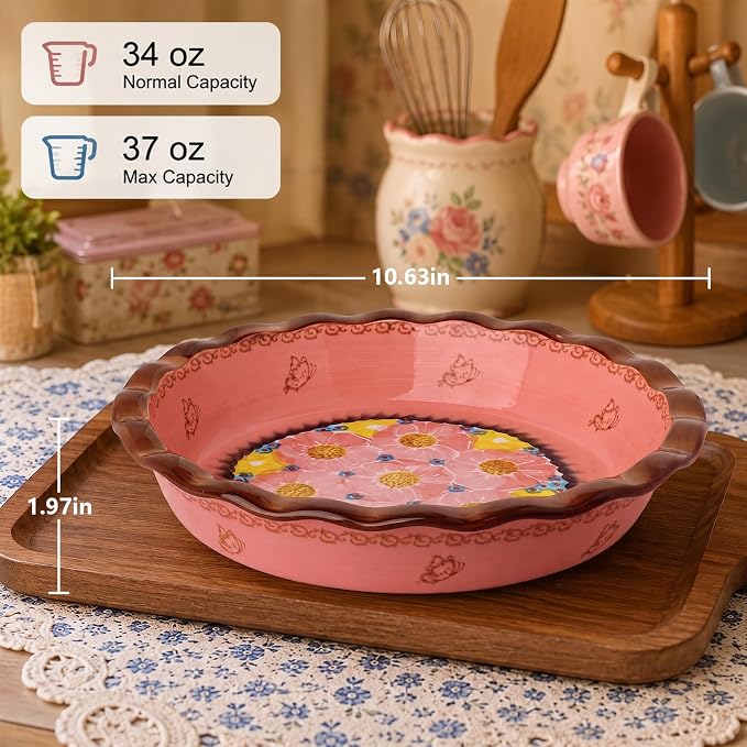 Ceramic Pie Pan for Baking, 10.6 in Hand-Painted Pie Plate for Cooking, 37 oz Deep Dish Pie Pans, Non-Stick Pie Dishes for Apple Pie, Tart, Pizza, Quiche, Oven & Dishwasher Safe, Lead-Free, Pink - Image 3