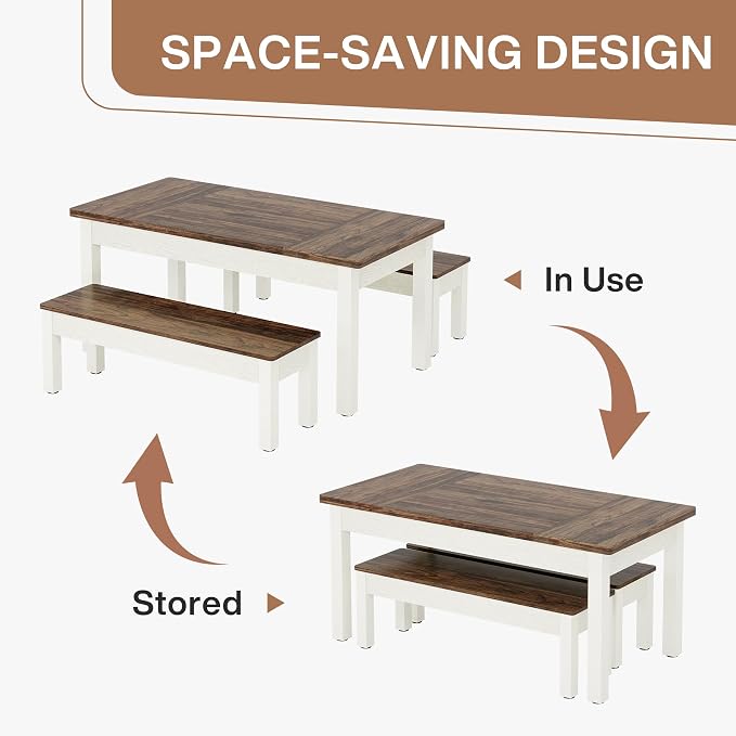 Tribesigns Farmhouse Kitchen Table Set for 4-6, 55-Inch Wooden Dining Table with 2 Benches, Space Saving 3 Pieces Heavy Duty Dinette for Dining Room, Kitchen, Small Space - Image 3