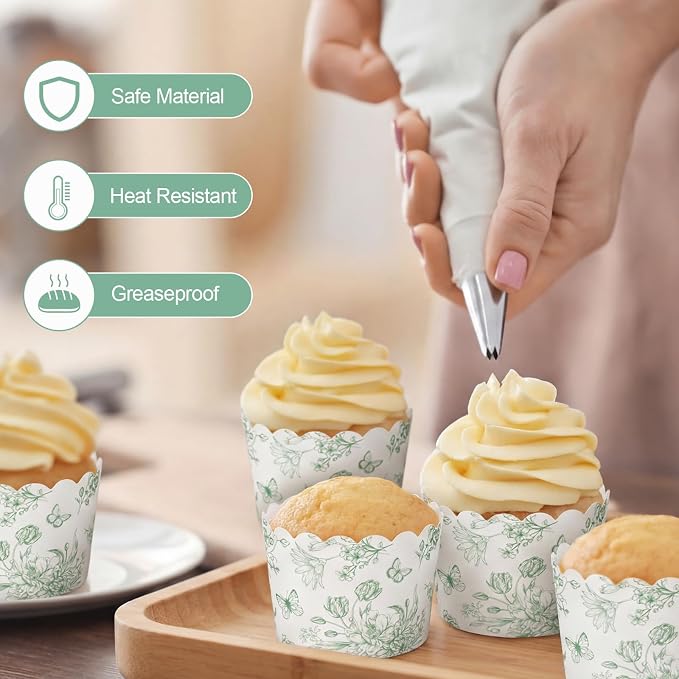 Qinyoung 150 Pcs Sage Green Floral Cupcake Wrappers Liners Chinoiserie Green Wildflower Paper Baking Cups Cupcake Disposable Cottagecore Muffin Cases for Wedding Baby Shower Birthday Tea Party Decor - Image 3