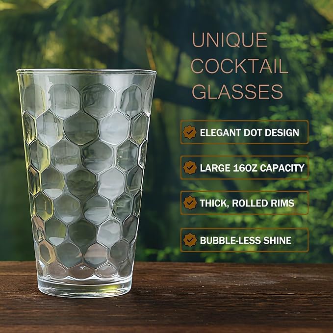 ALINK 16 oz Drinking Glasses, Set of 6 Highball Glass Cups Bar Glasses, Clear Heavy Base Stemmed Water Glasses for Beer, Iced Coffee Cups, Cocktail Glasses, Wine, Iced Tea, Dishwasher Safe - Image 2