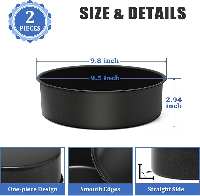 P&P CHEF 9.5 Inch Cake Pan Set, 2Pcs Non-stick Round Baking Cake Pans Tins | Stainless Steel Core & Nonstick Coating, Good for Baking Layer Tier Cakes for Birthday Wedding, Deep Side & One-piece Design - Image 2