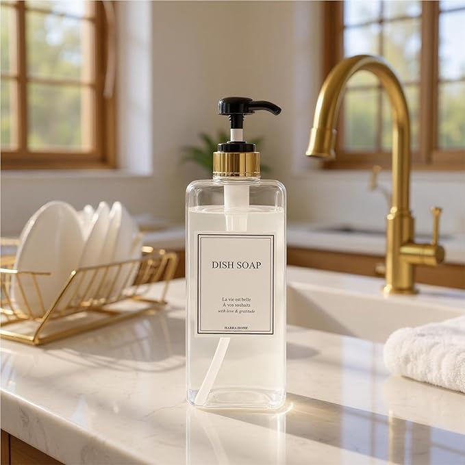 Modern Gold Design Large 27 oz Shampoo and Conditioner Dispensers - Empty Plastic Refillable Pump Bottle Set for Bathroom Shower Soap Dispenser, Includes 6 Waterproof Labels, et of 3 (Clear & Black)