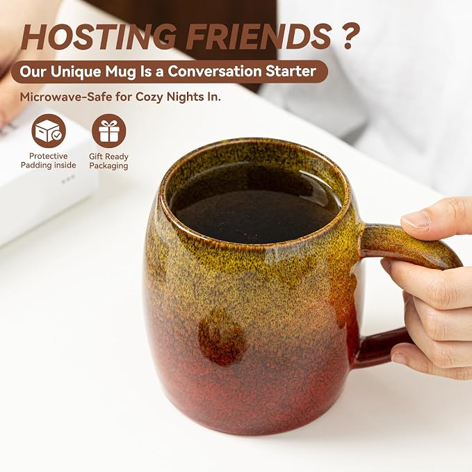 Handmade 22oz Ceramic Coffee Mug, Ergonomic Large Handle, Ideal Gift for Coffee Lovers, Microwave & Dishwasher Safe (Minute-Yellow&Red) - Image 2