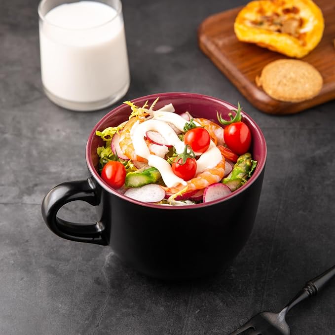 GBhome Jumbo Soup Mugs with Handles, 24 Oz Large Coffee Mugs Set of 4 | Ceramic Soup bowls for Soup Cereal Snacks Salad Noodles Cups, Microwave safe - Matte Black, Red Inside - Image 5