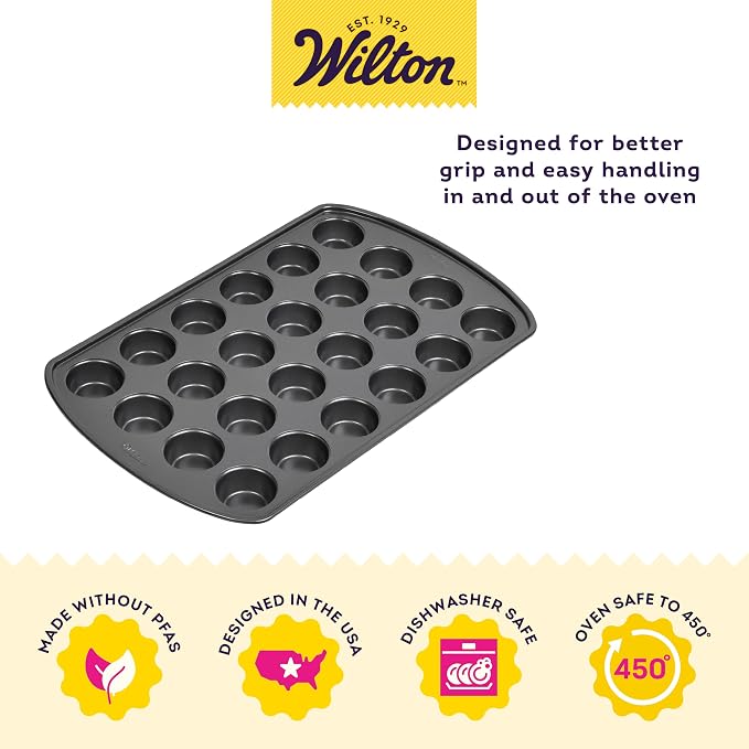 Wilton Gold Non-Stick Muffin Pan, Made Without PFAS, 24-Cup | Non-Stick Steel with Scratch-Resistant Coating, Resists Warping, Extended Handles, Dishwasher Safe, Perfect for Cupcakes - Image 3