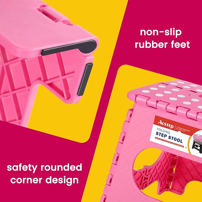ACSTEP 11" Folding Step Stool for Kids, Holds 300 lb Foldable Stools, Pink | Heavy Duty Collapsible Foot Stool, Lightweight with Built-in Handle, Non-Slip for Adults Kitchen Bathroom Bedroom Outdoor - Image 3