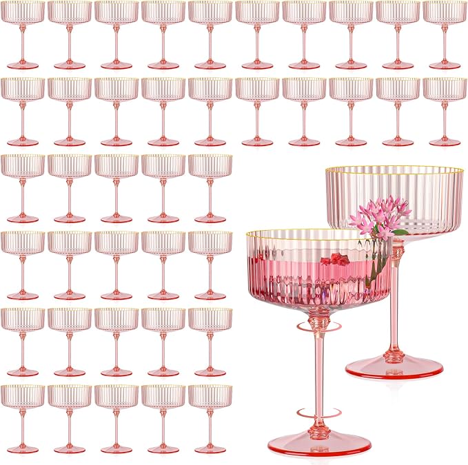 50 Pcs Ribbed Martini Glasses Bulk 10oz Pink Champagne Martini Glasses Plastic Gold Rim Espresso Martini Glass Vintage Coupe Glass Margarita Glasses Glassware Dessert Cup for Wedding Valentine's Day by Unknown
