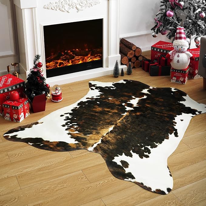 Amearea Faux Cow Hide Rug 5.2x4.6, Premium Western Home Decor Cow Print Rug | Faux Leather Animal Cowhide Carpet for Living Room Bedroom, Dining Traditional Cow Print Stuff Carpets, Brown by AmeareaDirect