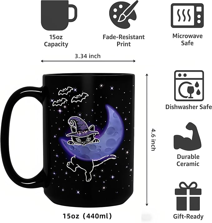 Halloween Witchy Cat Coffee Mug, 15oz Large Tea Cup, Black | Ceramic, With Handle, Celestial Moon Star Design, Gothic Home Decor, Novelty Spooky Gifts for Cat Lovers, Women, Men - Image 3