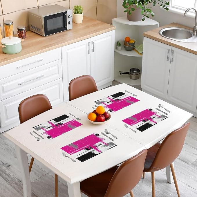 Feelyou Hot Pink White Black Table Place Mats, Geometric Placemats Set of 4 Teens Abstract Modern Art Placemat for Kitchen Dining Table Decor Indoor Outdoor 18"x12" Buffalo Check - Image 3