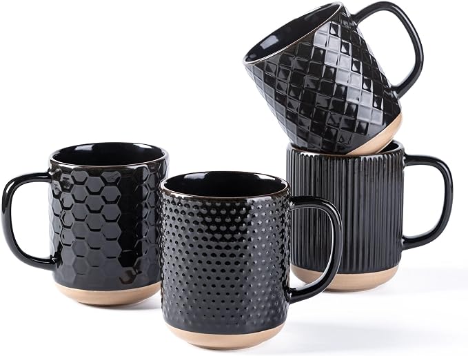 GBhome Coffee Mugs Set of 4, 12oz Handmade Stoneware Coffee Mugs Set with Large Handle for Cappuccino/Latte/Tea/Hot Cocoa, Dishwasher & Microwave Safe, Black by GBhome