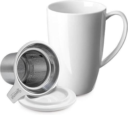 Sweese 15oz Porcelain Tea Mug with Infuser and Lid – Microwave Safe, Ergonomic Handle, Lead-Free Glaze, for Loose Leaf Tea White; by Sweese