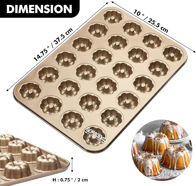 Webake 1.8" Mini Fluted Tube Cake Pan, 24-Cup Non-stick Bite Size Petite Fluted Cake Mold Heavy Gauge Carbon Steel Set of 2 - Image 5