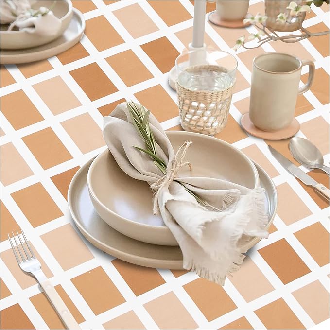 FIFTY FEET 84 * 60 Inch Rectangle Tablecloth, Vinyl Tablecloth with Flannel Backing for Rectangle Tables Waterproof, Plastic Picnic Table Cover for Dining Table/Buffet Parties/Camping(Brown Plaid) - Image 2