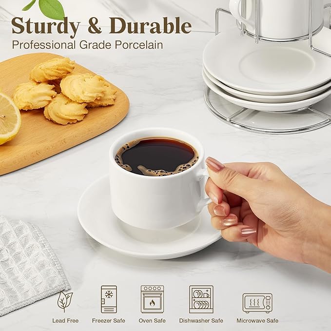 5 Ounce White Porcelain Stackable Espresso Cups with Stainless Steel Holder, Set of 4, Durable Ceramic, Perfect for Home, Office or Gift