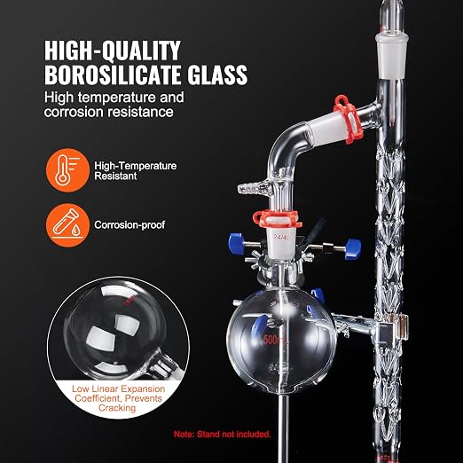 VEVOR Laboratory Distillation Set, 3.3 Borosilicate Glass Equipment with 24/40 Joint, 1000ml Capacity for Essential Oil Extraction, 14-Piece Glassware Kit - Image 3
