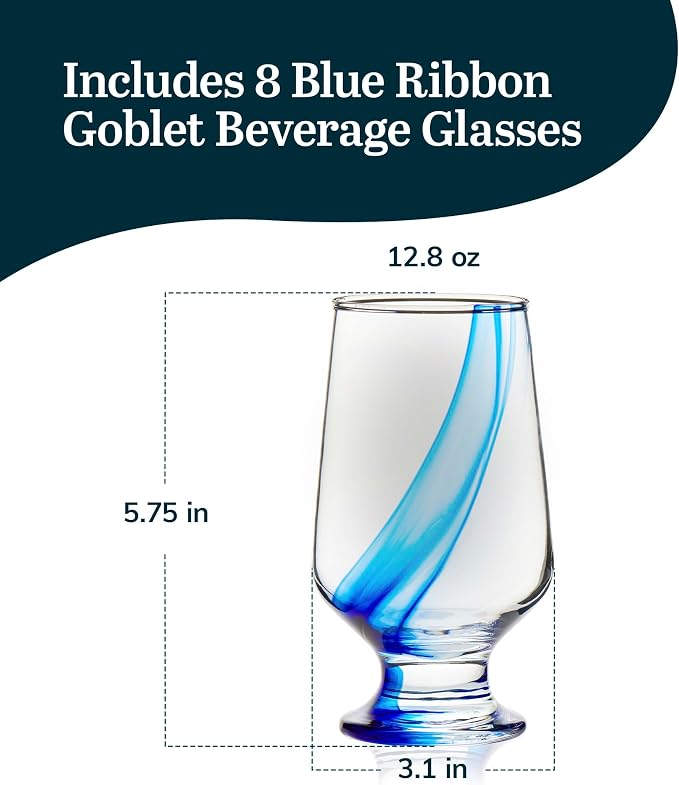 Libbey Blue Ribbon Goblet Glasses, Artisan Inspired, Durable Water Goblets Set of 8, Clear, Stemmed Water Glasses to Showcase Sodas, Cocktails - Image 3