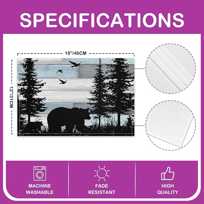 Feelyou Rustic Bear Placemats Set of 4 12x18 Inch Western Farmhouse Table Mats for Party Kitchen Dining Decoration Holiday Seasonal Cabin Country Lodge Down Place Mat for Dinner Table Indoor Outdoor - Image 4