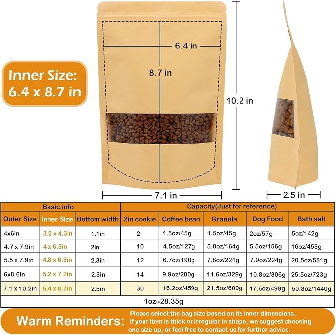 100 Pcs Kraft Paper Resealable Bags for Small Business (6.4 X 8.7 Inches) | Heat Sealable Zip Lock Stand Up Pouches with Clear Window for Food Storage, Samples, Party Favors - Image 2