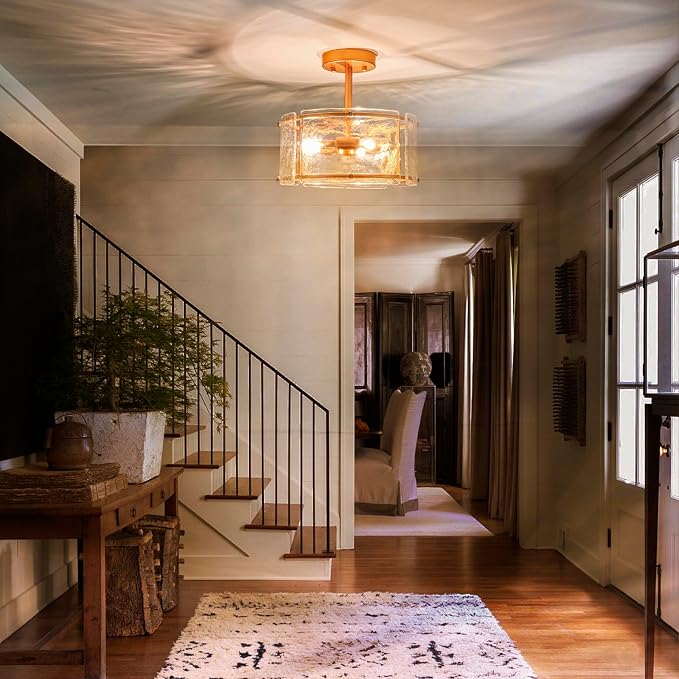 Gold Semi Flush Mount Ceiling Light Fixture for Foyer,Entryway,Hallway | 11.8" Small 3 Light Drum Modern Farmhouse Glass Ceiling Light Fixtures for Kithcen,Bedroom,Dining Room,Bathroom - Image 4