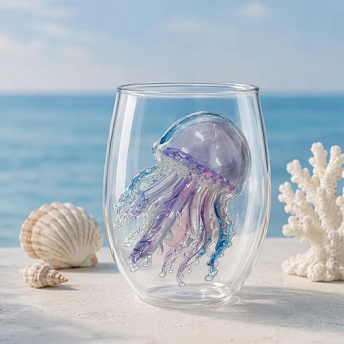 Blue Ring Stemless Ocean Glass (White Style 4) | 3D Sculpted Handmade Blue Ring Stemless Glass Ocean Cup Handblown Glassware (White Style 4) - Image 4