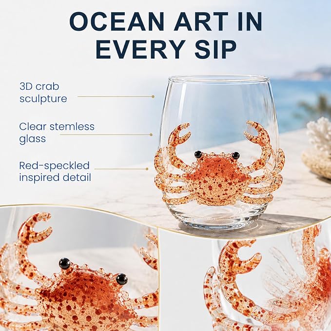 Coastal Stemless Wine Glasses Set of 4, 12oz 3D Ocean Animal Artisan Glassware Collection with Unique Sea Life Designs (E - Set of 1) - Image 2