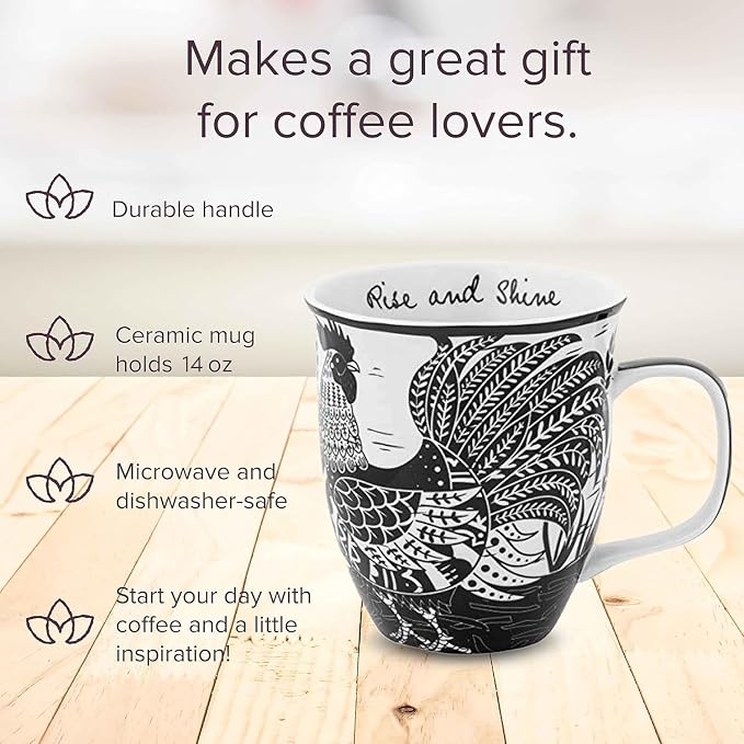 Karma Gifts 14 oz Black and White Boho Mug Rooster - Cute Coffee and Tea Mug - Ceramic Coffee Mugs for Women and Men - Image 2