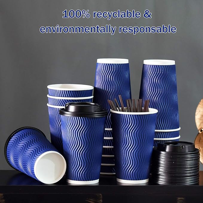 Disposable Coffee Cups with Lids and Straws - 16 oz (90 Set) Togo Hot Paper Coffee Cup with Lid To Go for Hot/Cold Beverages Espresso Tea Insulated Reusable Cold Drinks Ripple Cups Protect Fingers!