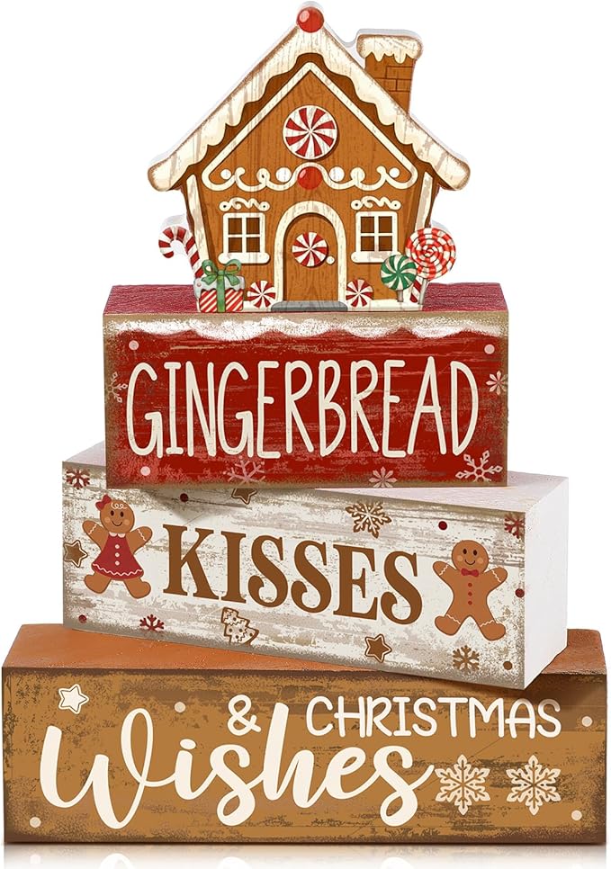 Moucuny 4 Pcs Christmas Table Decoration Gingerbread House Wooden Stacked Block Decor Gingerbread Centerpiece Block Signs Rustic Christmas Tiered Tray Decoration for Home Kitchen Coffee Bar by Moucuny