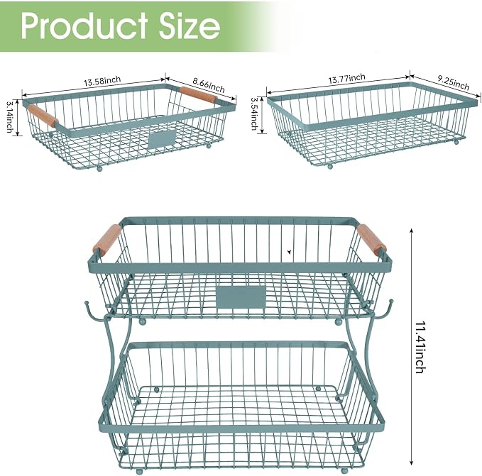 Fruit Basket Bowl 2 Tier Detachable with 2 Banana Hangers, Fruit Stand Holder for Kitchen Countertop, Metal Wire Vegetable Storage Organizer, for Bread Snack Veggies Produce, blue - Image 2