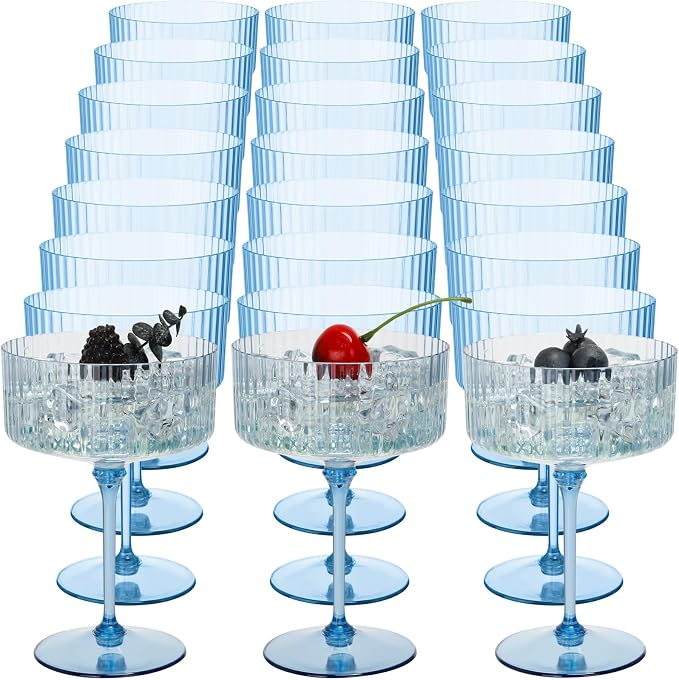 Jingmore 24 Pcs Ribbed Martini Glasses 10 oz Disposable Plastic Vintage Ribbed Coupe Glasses Unbreakable Dessert Parfait Glassware for Wedding Birthday Party Supplies (Blue) by Jingmore