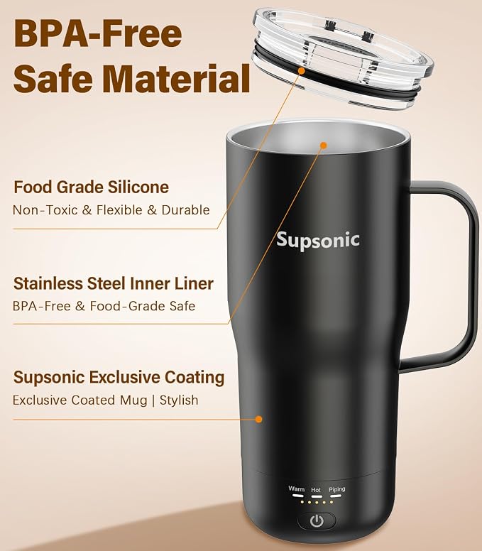 Supsonic Heated Coffee Mug Rechargeable, 20oz Long-Lasting Battery (S3) | Dry-burn protection, 2Hr auto-off, 3-Temp settings, Constant temperature, Inner stainless steel, Warm gift for men women - Image 6
